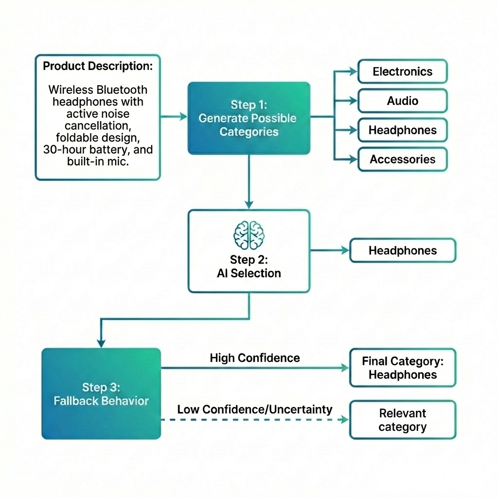 Flowchart showing the 3 steps with example product flowing through