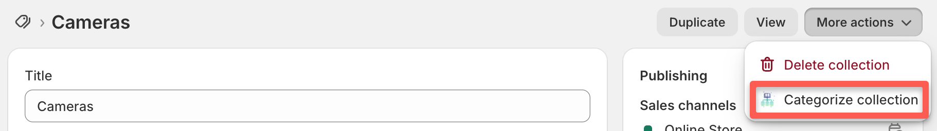 Collection detail page showing More actions menu with Categorize collection option highlighted