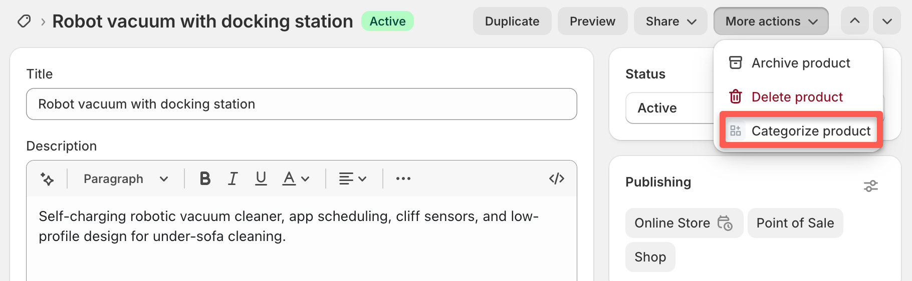 Product detail page showing More actions menu with Categorize product option highlighted