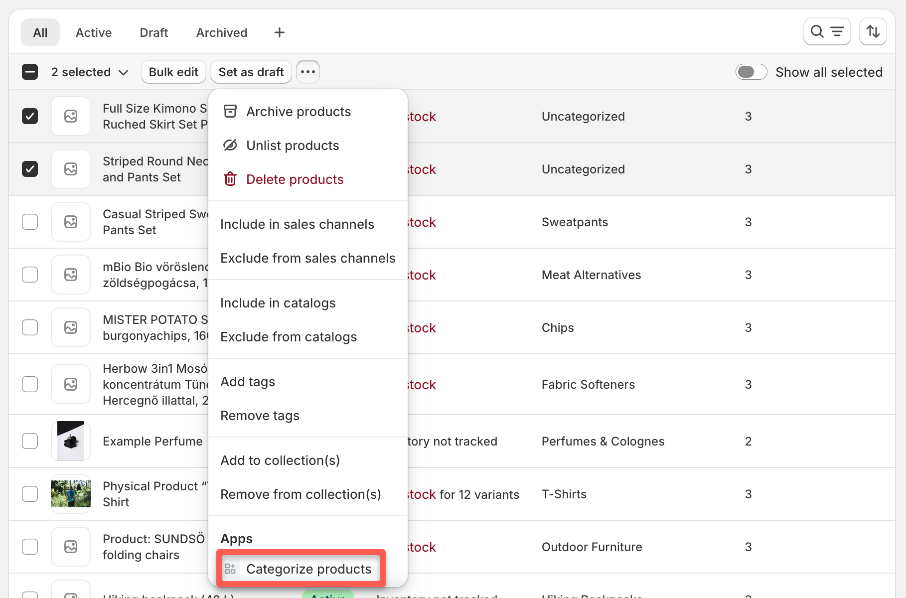 Categorize products bulk action