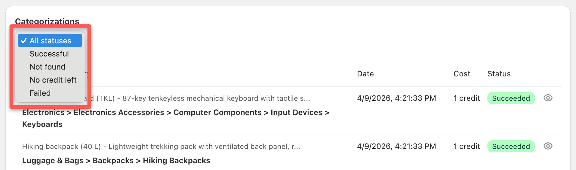 Status filter dropdown showing all available options