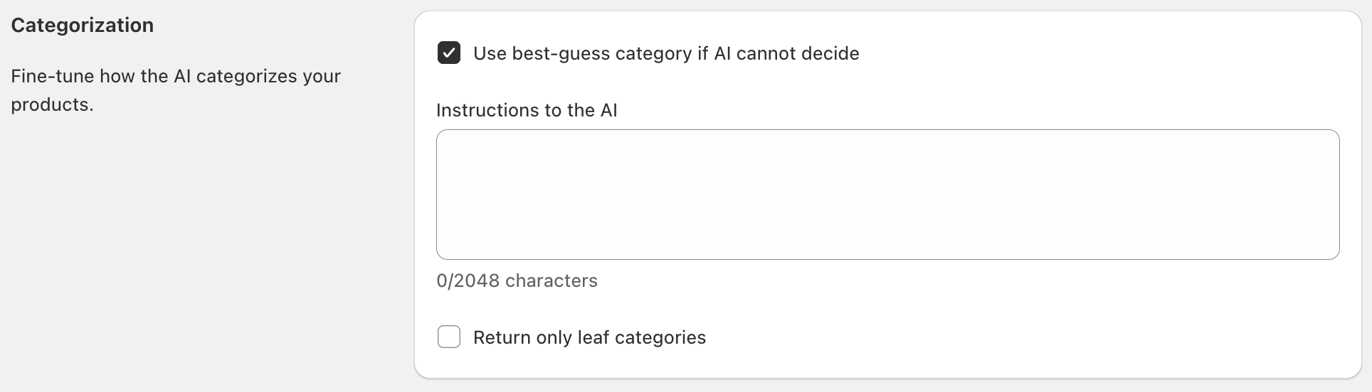 Categorization section showing all three settings
