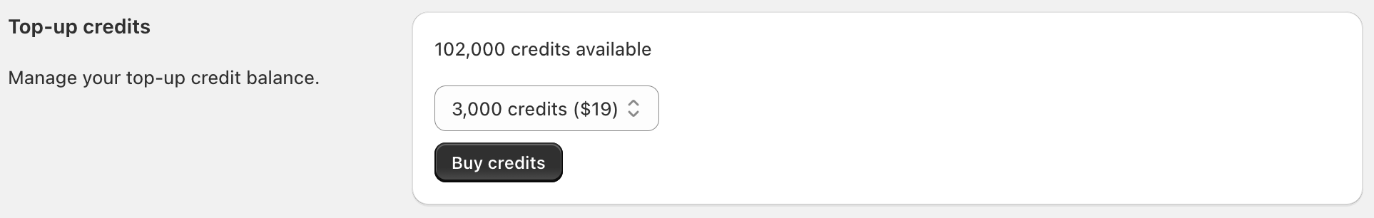 Top-up Credits section showing available credits and package selection dropdown