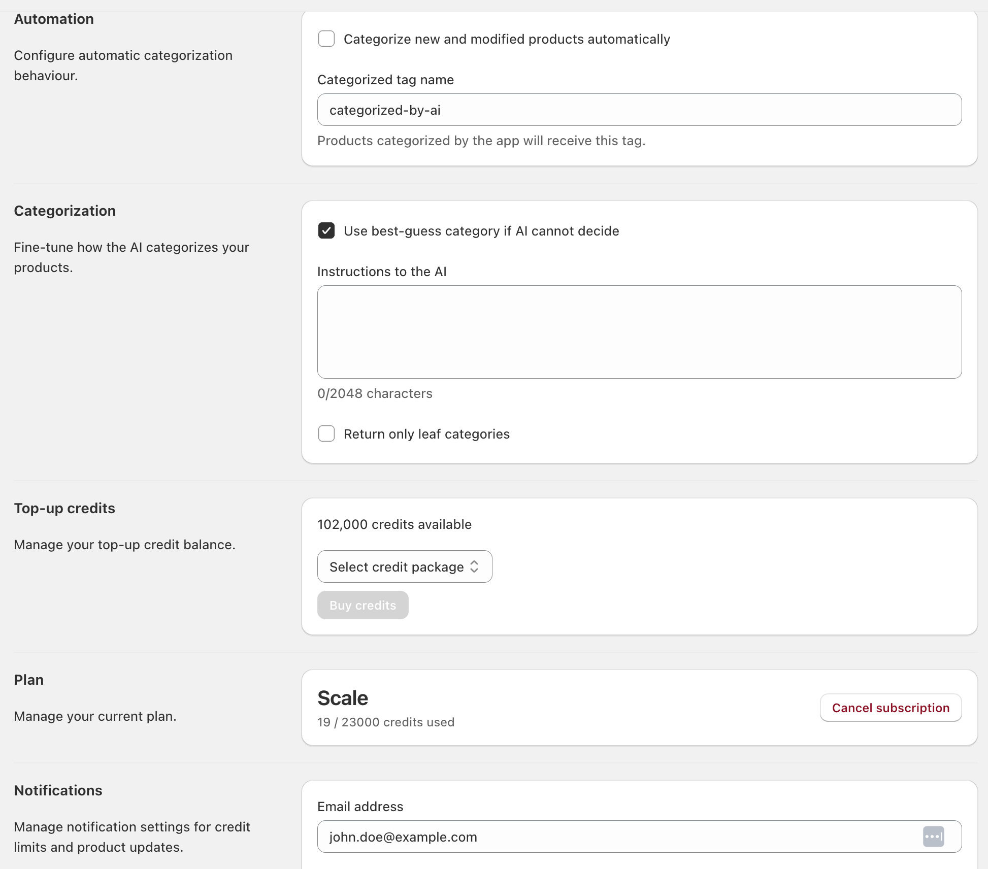Settings page showing all five sections
