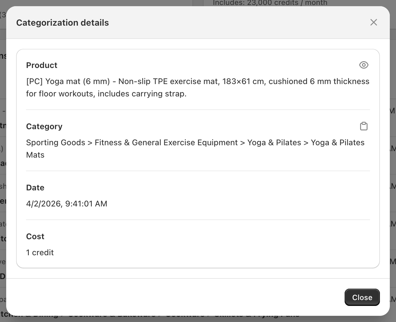 Categorization Details dialog showing product description with Shopify link icon, category, date, and cost