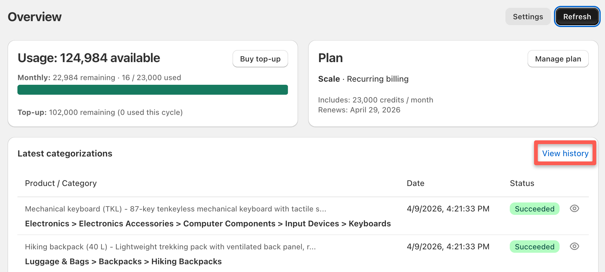 Dashboard showing Latest Categorizations pane with "View History" link highlighted in top-right corner
