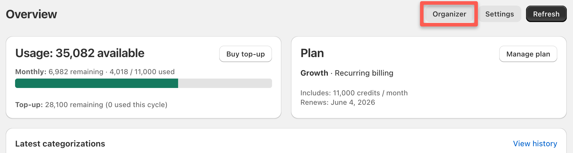 Categorify dashboard with the Organizer button highlighted near the top of the page