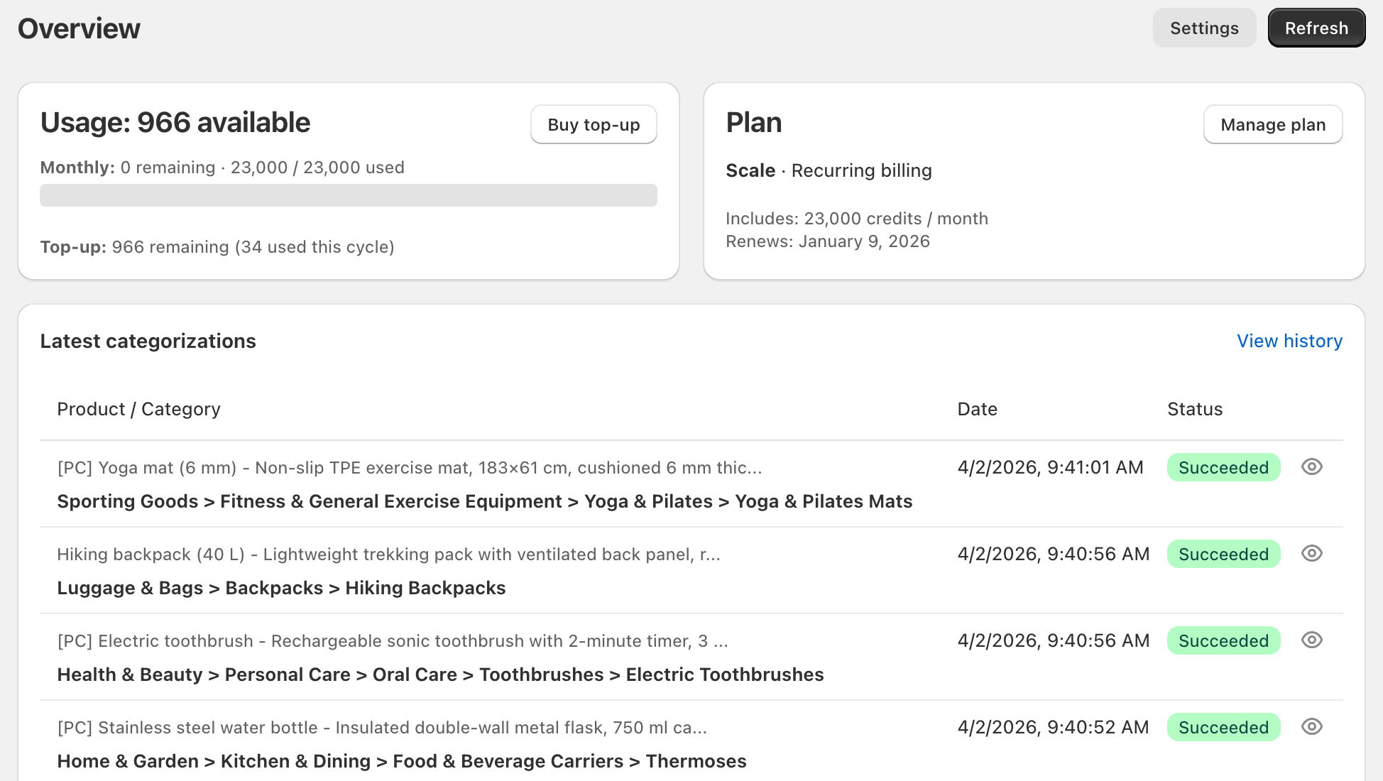 Categorify Dashboard Latest Categorizations