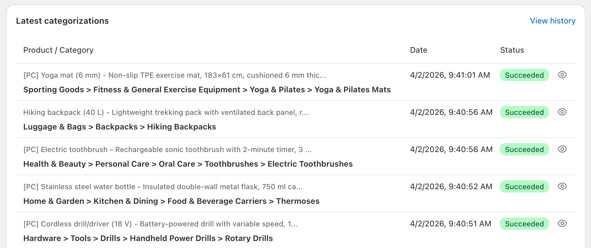 Latest categorizations pane showing list of recent categorizations with status indicators and action icons, with View History link visible in top-right corner