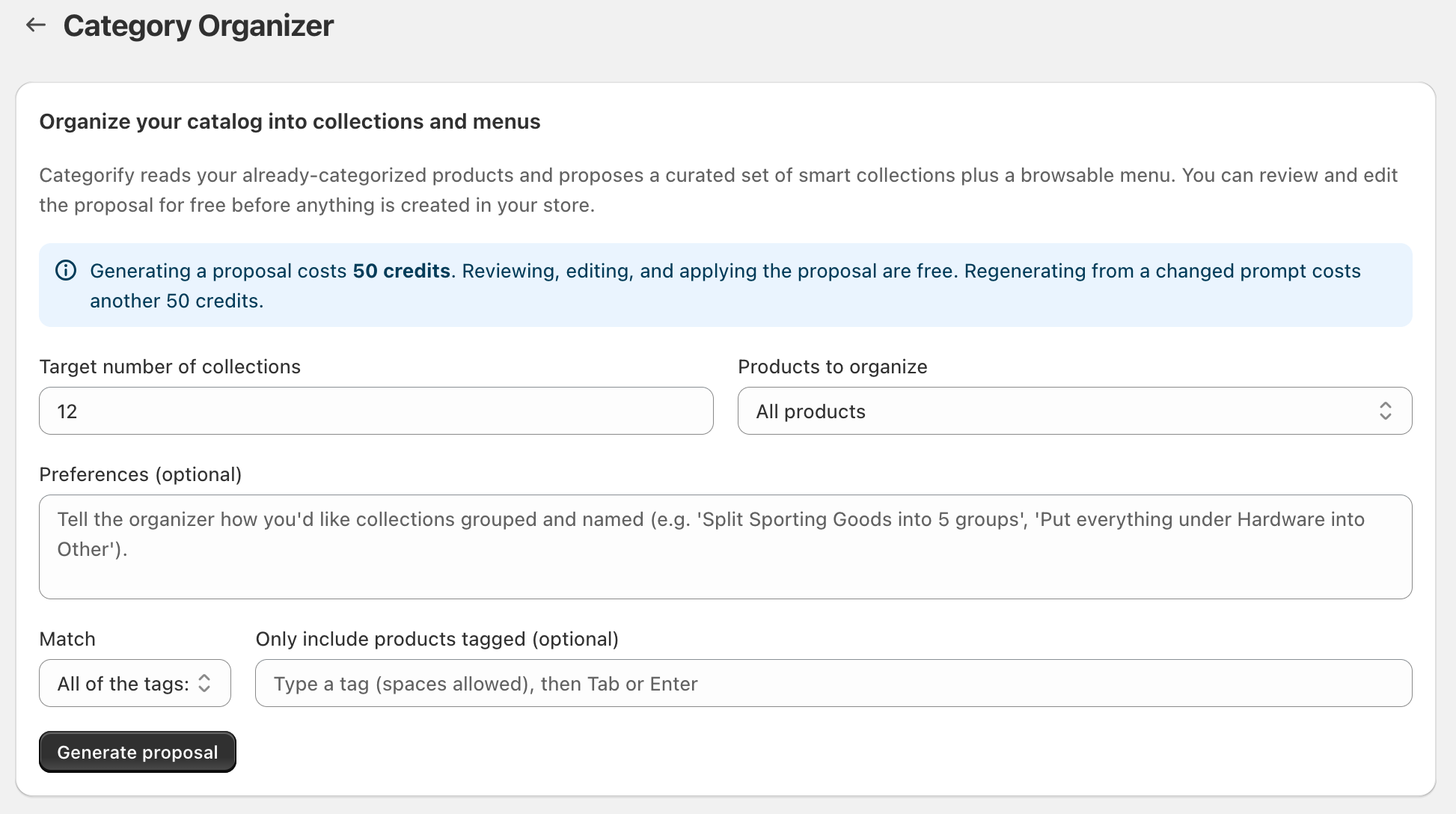 Category Organizer welcome screen showing the 50-credit info banner, the target number of collections field, the products-to-organize dropdown, the preferences field, the tag filter row, and the Generate proposal button