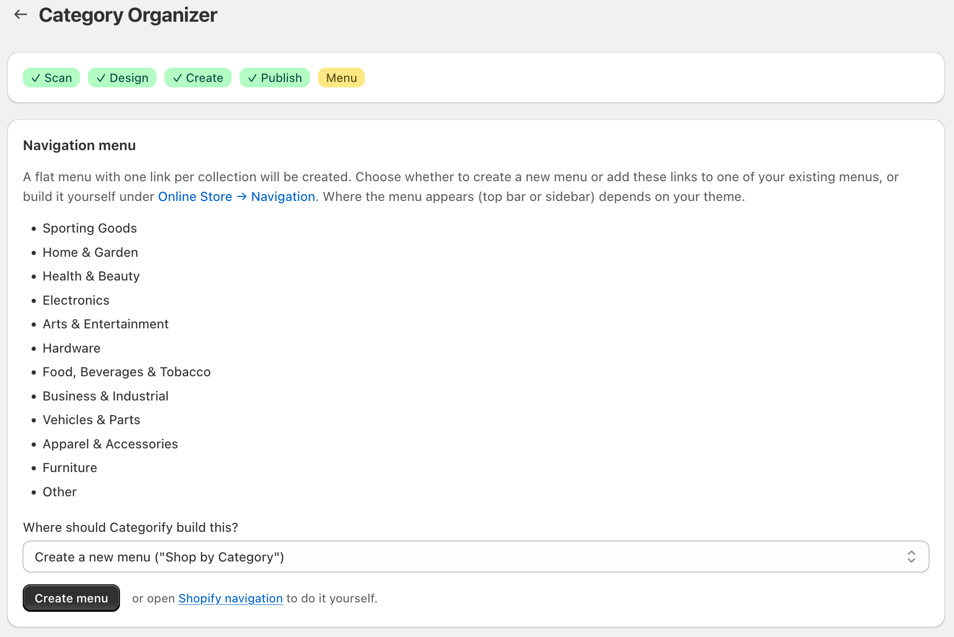 Navigation menu card showing a preview list of menu items (one per collection) and the "Where should Categorify build this?" picker with a "Create a new menu (Shop by Category)" option and build button