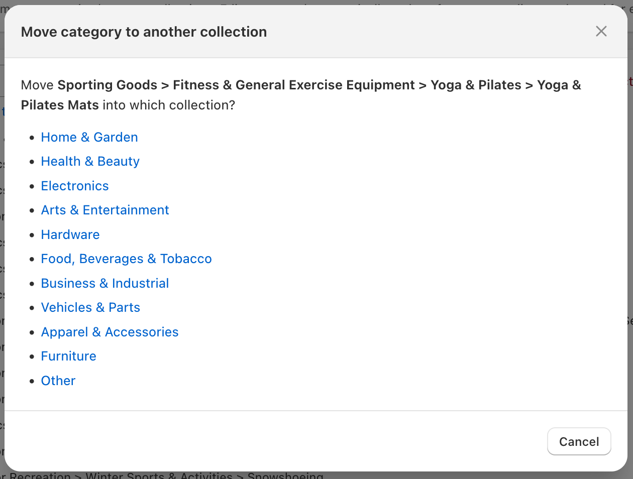 Move category to another collection dialog showing a category path and a list of destination collections to move it into