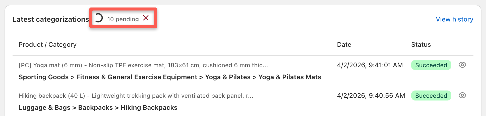 Dashboard showing Latest categorizations pane with ongoing categorizations and progress indicator