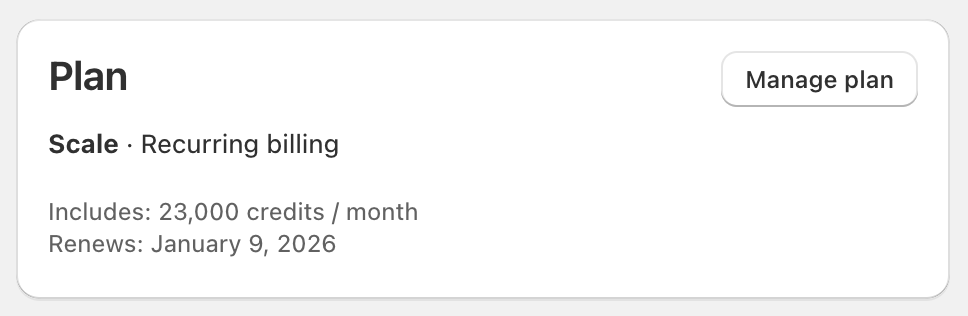 Plan pane showing plan name, monthly credits, renewal date, and manage plan button