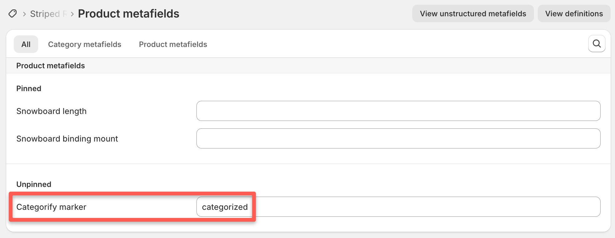 Shopify product detail page showing the Metafields section with a "Categorify marker" metafield set to the value "categorized", indicating the product has been processed by Categorify