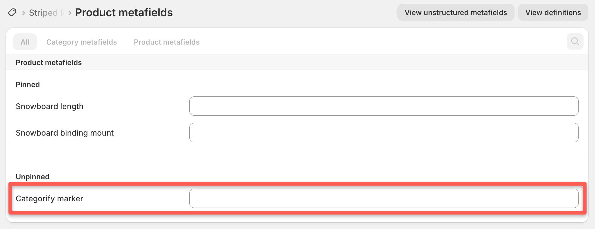 Shopify product detail page showing the Categorify marker metafield with its value cleared, which allows Categorify to re-categorize the product automatically on its next update