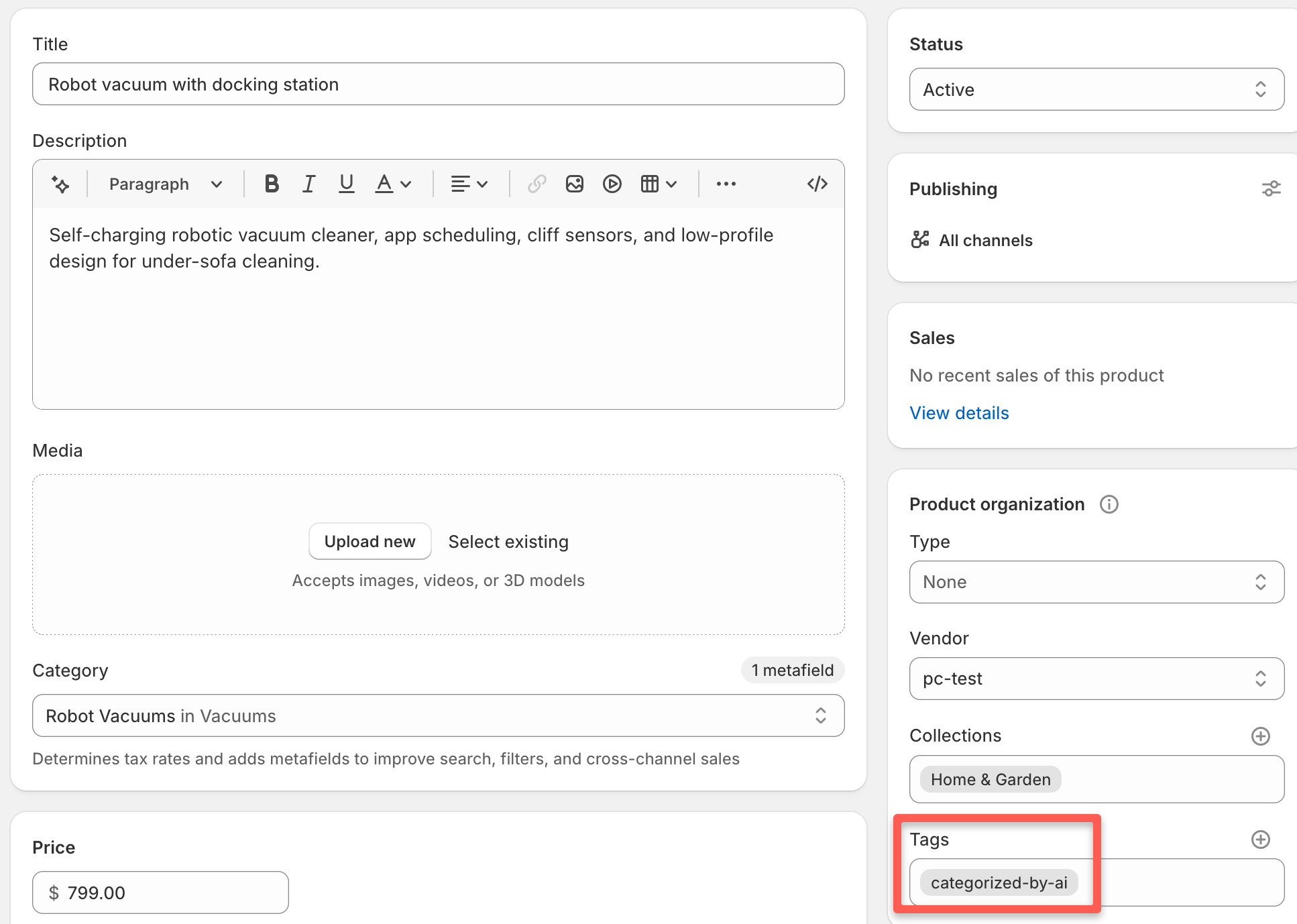 Shopify product detail page showing the Tags section with the "categorized-by-ai" tag added alongside other product tags, indicating the product has been categorized by Categorify