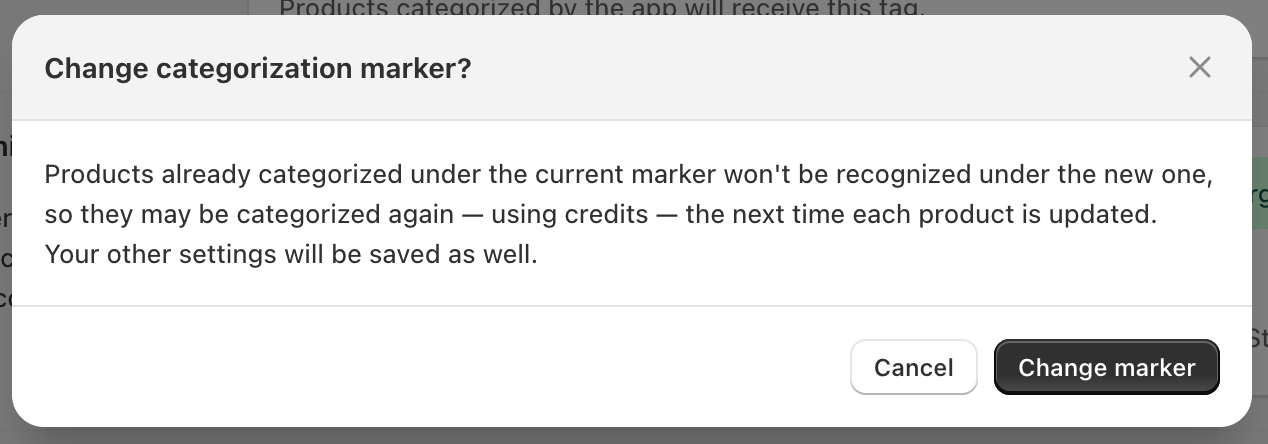 Categorify confirmation dialog warning that switching the marker mechanism will cause already-categorized products to be re-categorized on their next update, consuming credits