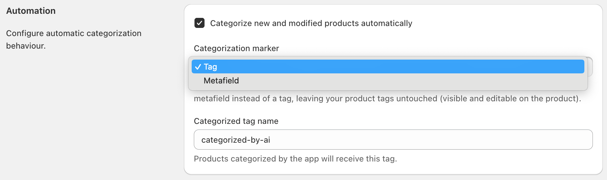 Categorify Settings page Automation section showing the Marker mechanism dropdown expanded with "Tag" and "Metafield" options available